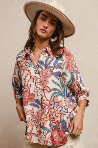Oversized Floral Print Button Up