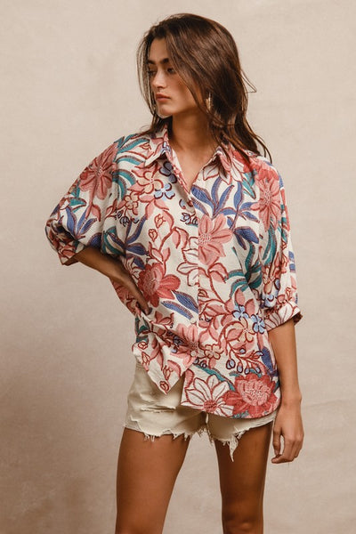 Oversized Floral Print Button Up