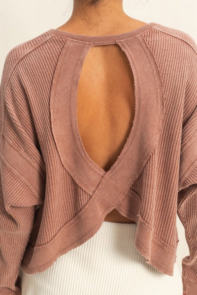 Open Back Long Sleeve Top-Chestnut