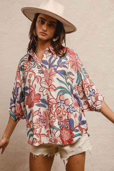 Oversized Floral Print Button Up