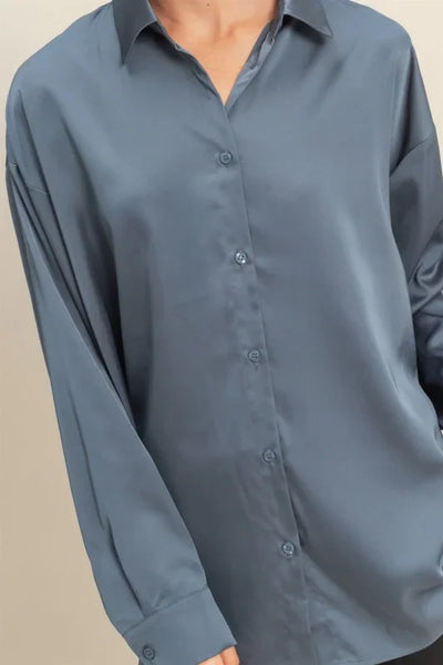 Blue Satin Button Down Top