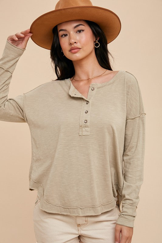 Washed Raw Hem Henley Tee