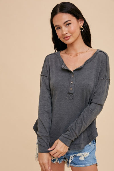 Washed Raw Hem Henley Tee
