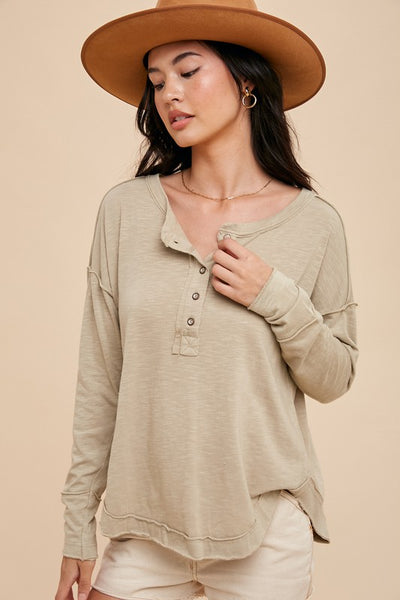 Washed Raw Hem Henley Tee