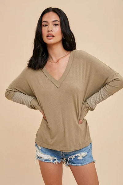 Contrast V Neck Long Sleeve Shirt