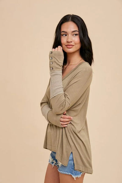 Contrast V Neck Long Sleeve Shirt