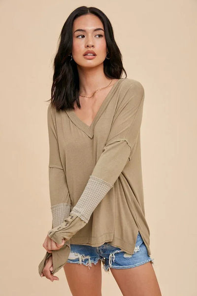 Contrast V Neck Long Sleeve Shirt
