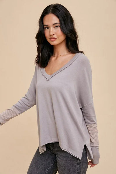 Contrast V Neck Long Sleeve Shirt