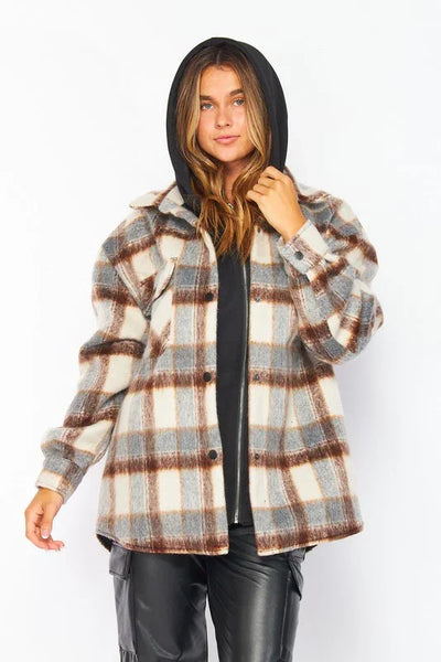 Soft Wool Plaid Hoodie Shacket