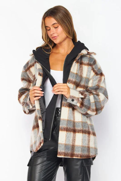 Soft Wool Plaid Hoodie Shacket
