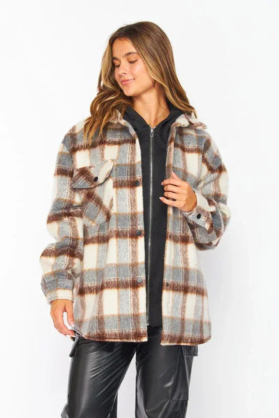 Soft Wool Plaid Hoodie Shacket