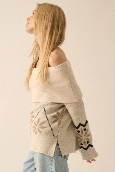 Alpine Knit Off-shoulder Foldover Sweater