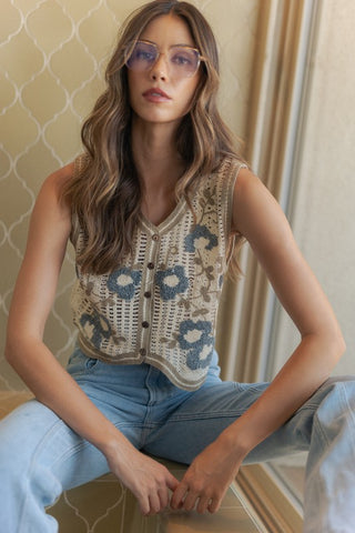 Floral Patch Crochet Sweater Vest