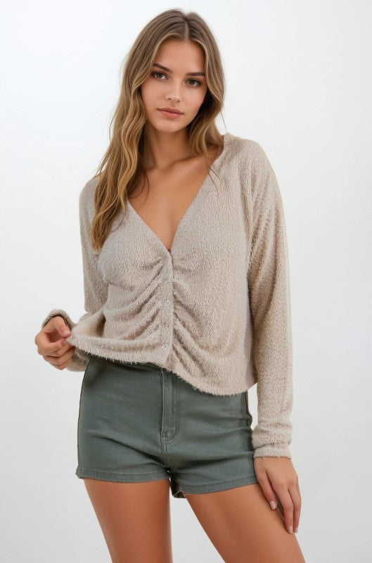 Textured Hairy Soft Knit Long Sleeve Top