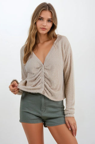 Textured Hairy Soft Knit Long Sleeve Top