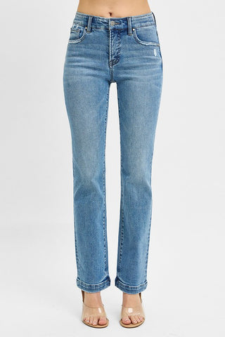 Elastic Band Mid Rise Straight Jeans