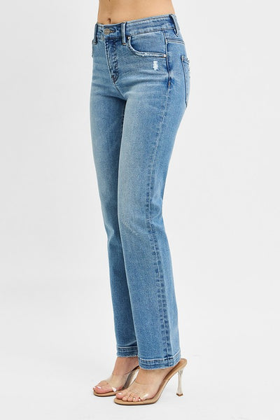 Elastic Band Mid Rise Straight Jeans
