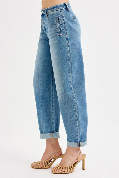 Mid Rise Fit Barrel Roll Up Jeans