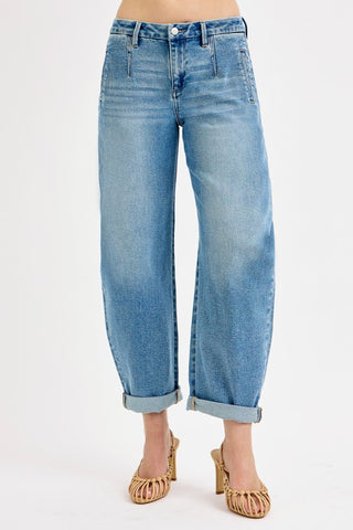 Mid Rise Fit Barrel Roll Up Jeans