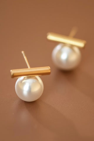 18k Waterproof Pearl + Bar Studs