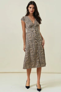 Leopard Print Midi Dress W/ Smocked Waist