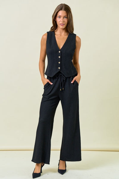 Textured Knit Wide Leg Pants With Elastic Waist