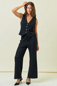 Textured Knit Wide Leg Pants With Elastic Waist