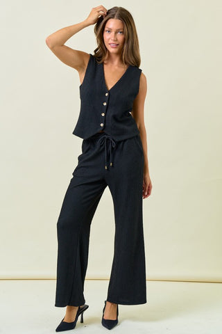 Textured Knit Wide Leg Pants With Elastic Waist