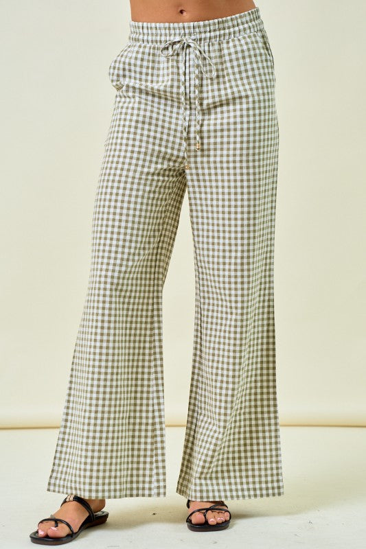 Gingham Wide Leg Elastic Pants