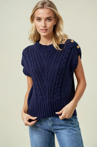 Cable Knit Vest Sweater Top W/ Side Gold Buttons