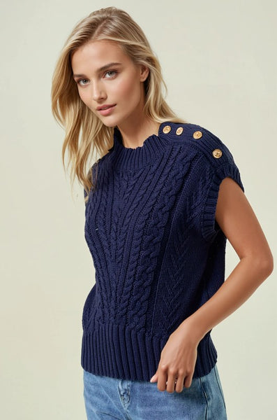 Cable Knit Vest Sweater Top W/ Side Gold Buttons