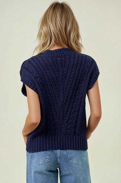 Cable Knit Vest Sweater Top W/ Side Gold Buttons