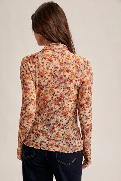 Floral Mesh Mock Neck Top