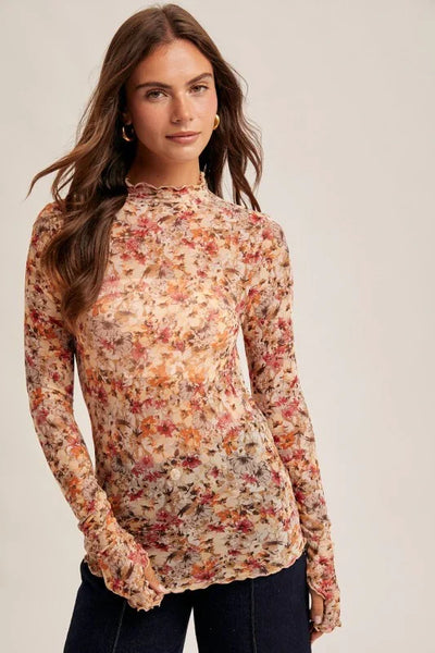 Floral Mesh Mock Neck Top