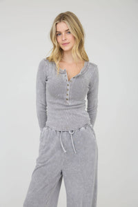 Washed Ribbed Henley Knit Top-Charcoal
