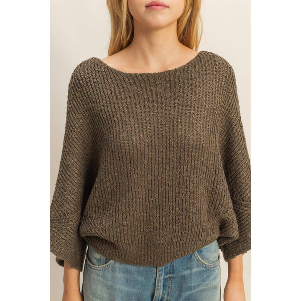 Boat Neck Knit Sweater-Olive