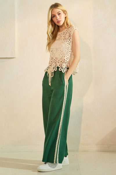 Lace Striped Elastic Waist Terry Sweatpants