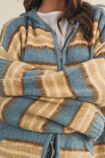 Fuzzy Striped Sweater Hood Zip Up