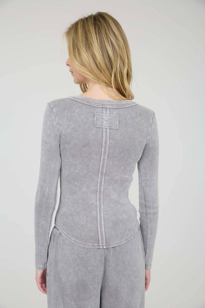 Washed Ribbed Henley Knit Top-Charcoal