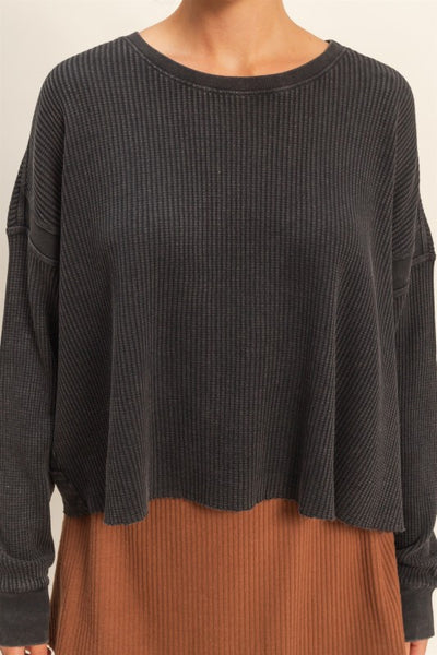 Open Back Long Sleeve Top-Black