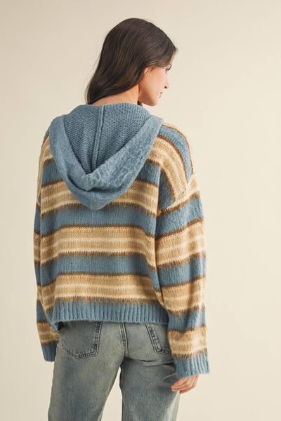 Fuzzy Striped Sweater Hood Zip Up
