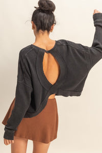 Open Back Long Sleeve Top-Black