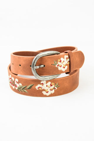 Hibiscus Embroidered Floral Faux Leather Belt
