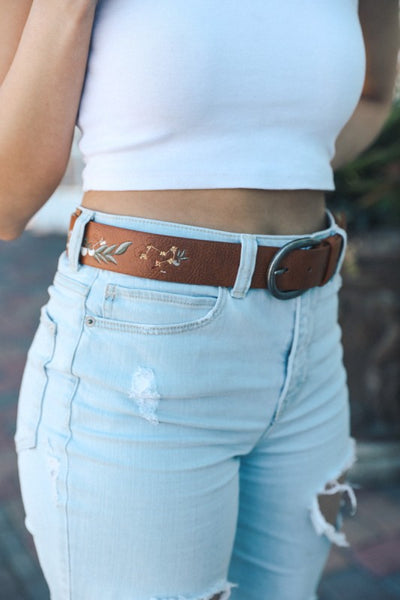 Hibiscus Embroidered Floral Faux Leather Belt