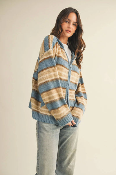 Fuzzy Striped Sweater Hood Zip Up