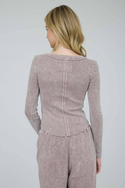 Washed Ribbed Henley Knit Top-Cocoa