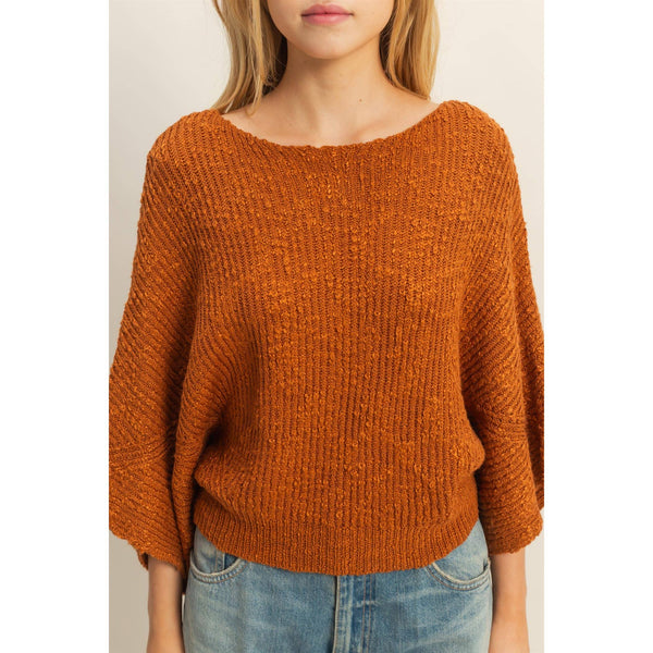 Boat Neck Knit Sweater-Brown