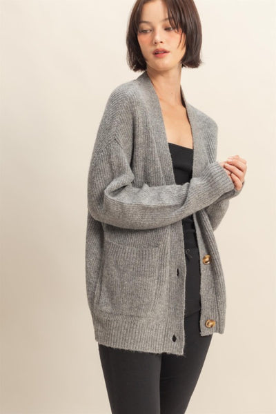 Sweater Cardigan With Front Pockets-H. Gray