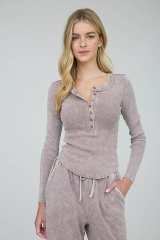 Washed Ribbed Henley Knit Top-Cocoa