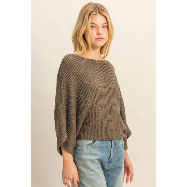 Boat Neck Knit Sweater-Olive